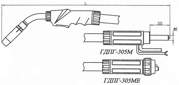 Размеры горелок ГДПГ-305М, ГДПГ-305МЕ